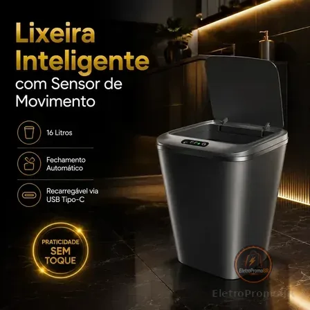 Lixeira Inteligente Automática Preta Universal Com Sensor Hearbuds Recarregável Anti Odor 16l Preto