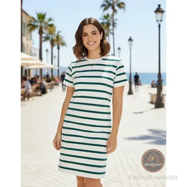 Vestido Manga Curta T-shirt Casual Listrado Algodão Básico