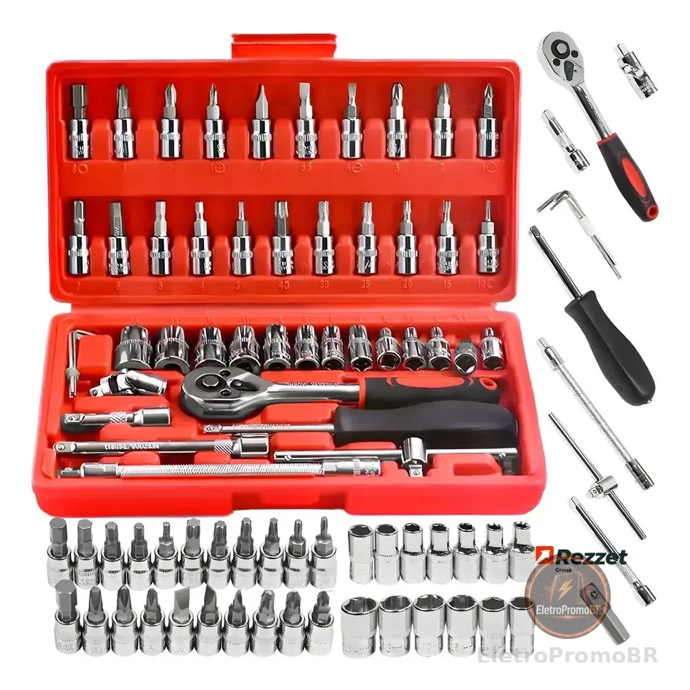 Kit Jogo De Ferramentas Profissional 46 Peças Chave Fenda Vermelho