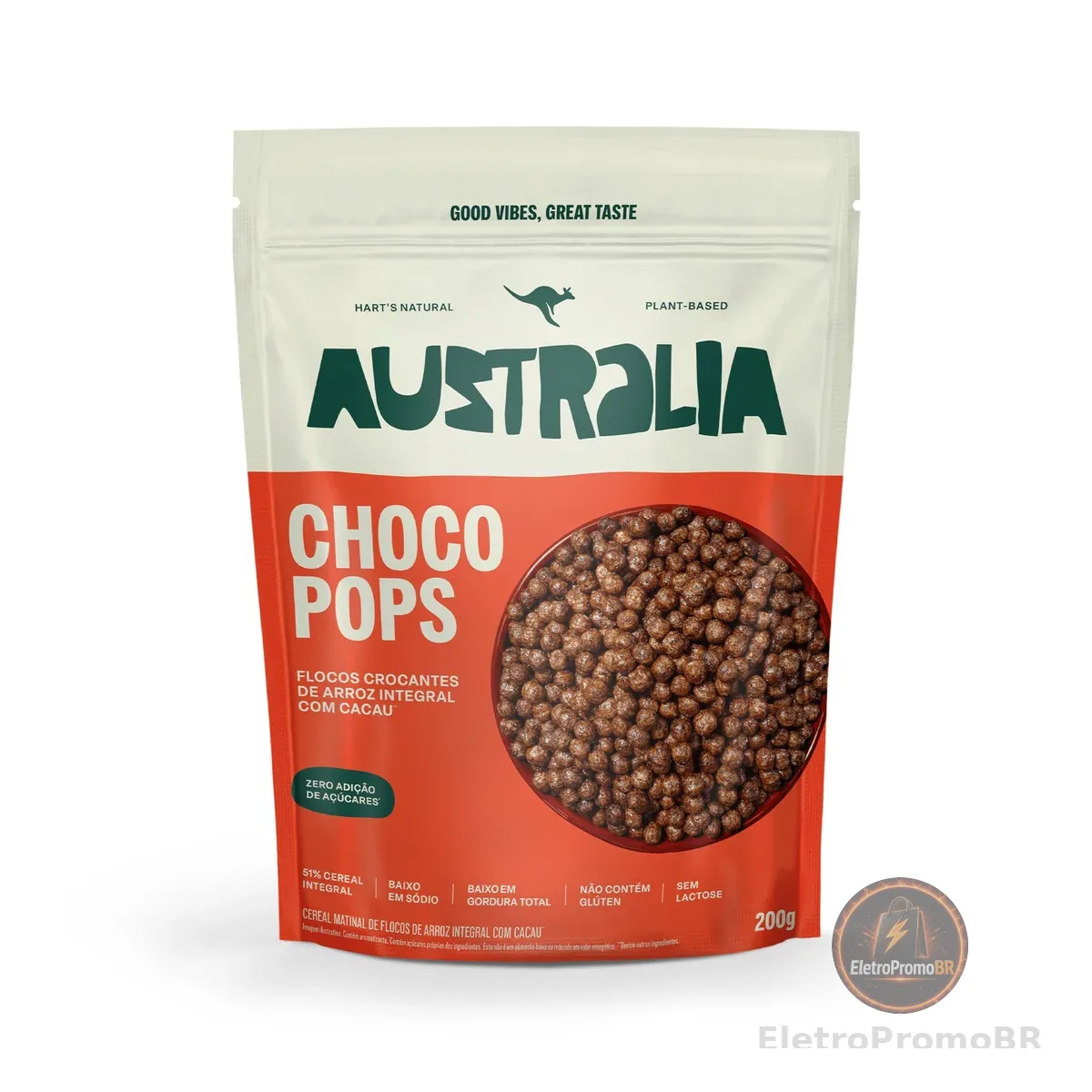 ChocoPops Australia Chocolate, Sem Açúcar, Sem Glúten, Vegano, 200g | Cereal matinal 100% natural e sem lactose, fonte de fibras. Delicioso com leite ou iogurte no café da manhã do dia a dia.