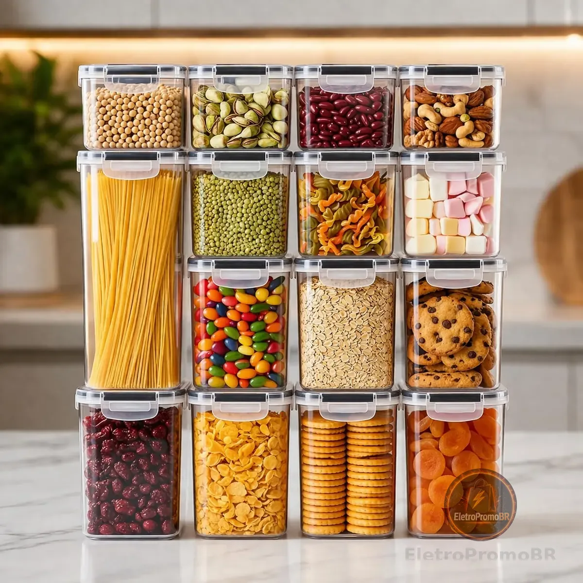 Kit 15 Potes Herméticos para Armazenamento de Alimentos, BPA Free, Plástico PP, com Travas Laterais e Vedação em Silicone, Empilháveis para Organização de Cozinha Linha Gourmet Premium