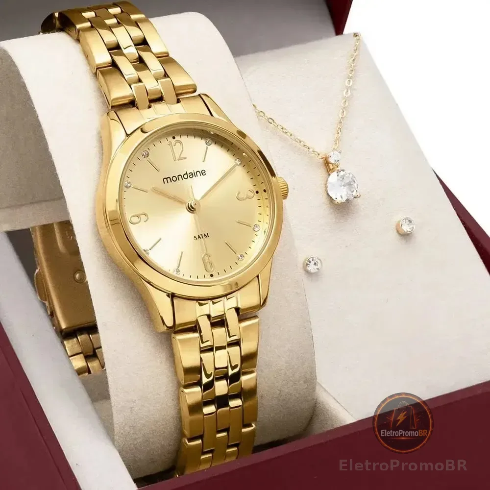 Kit Relógio Mondaine Pequeno Dourado E Colar De Cristal 32720lpmkde1k1