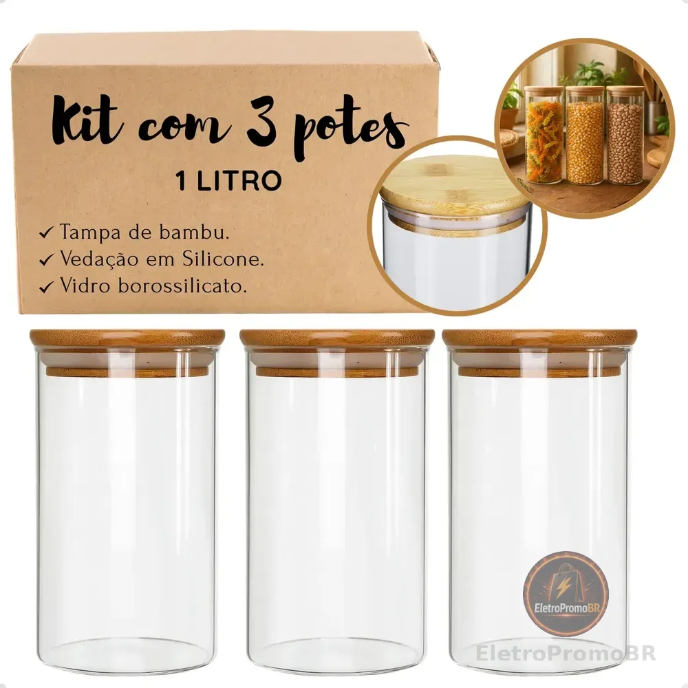 Pote De Vidro Hermético Tampa Bambu 1 Litro Kit Com 3 Potes Transparente