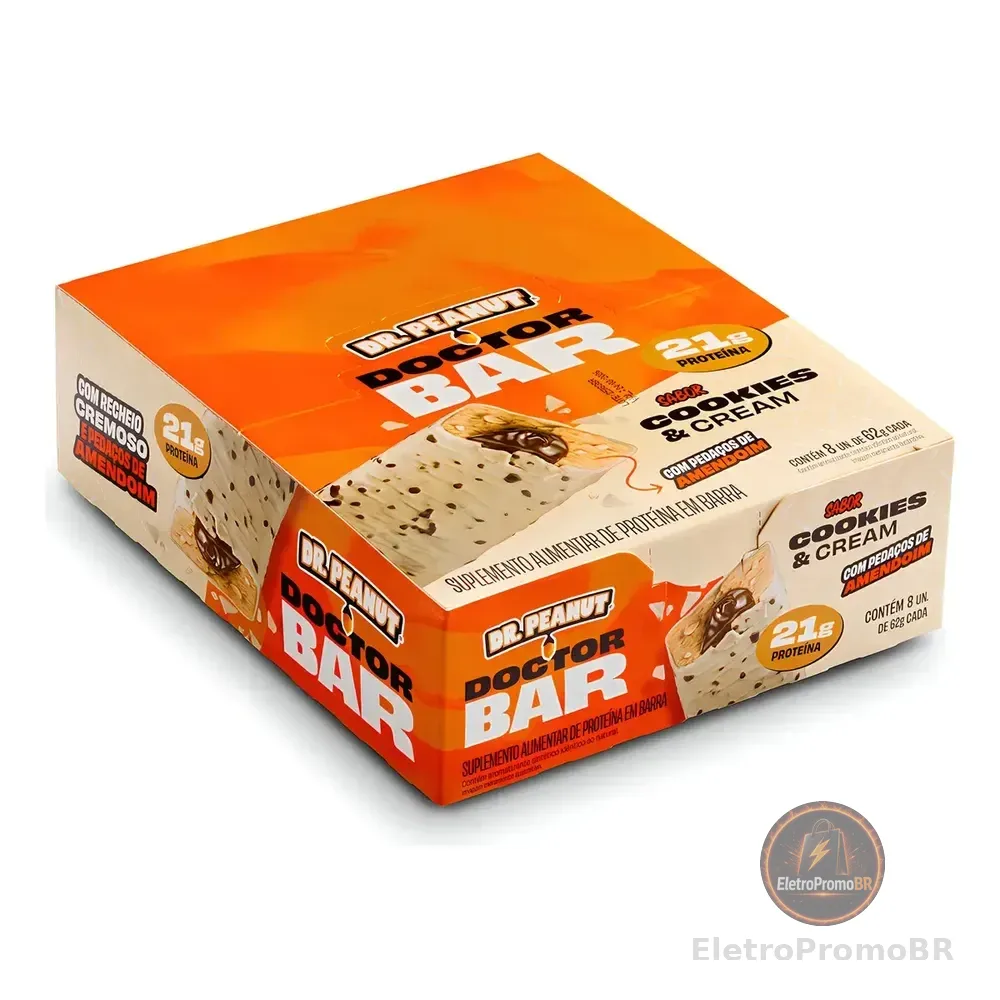 Barra De Proteína Doctor Bar 62g 8 Unidades - Dr. Peanut Cookies & Cream