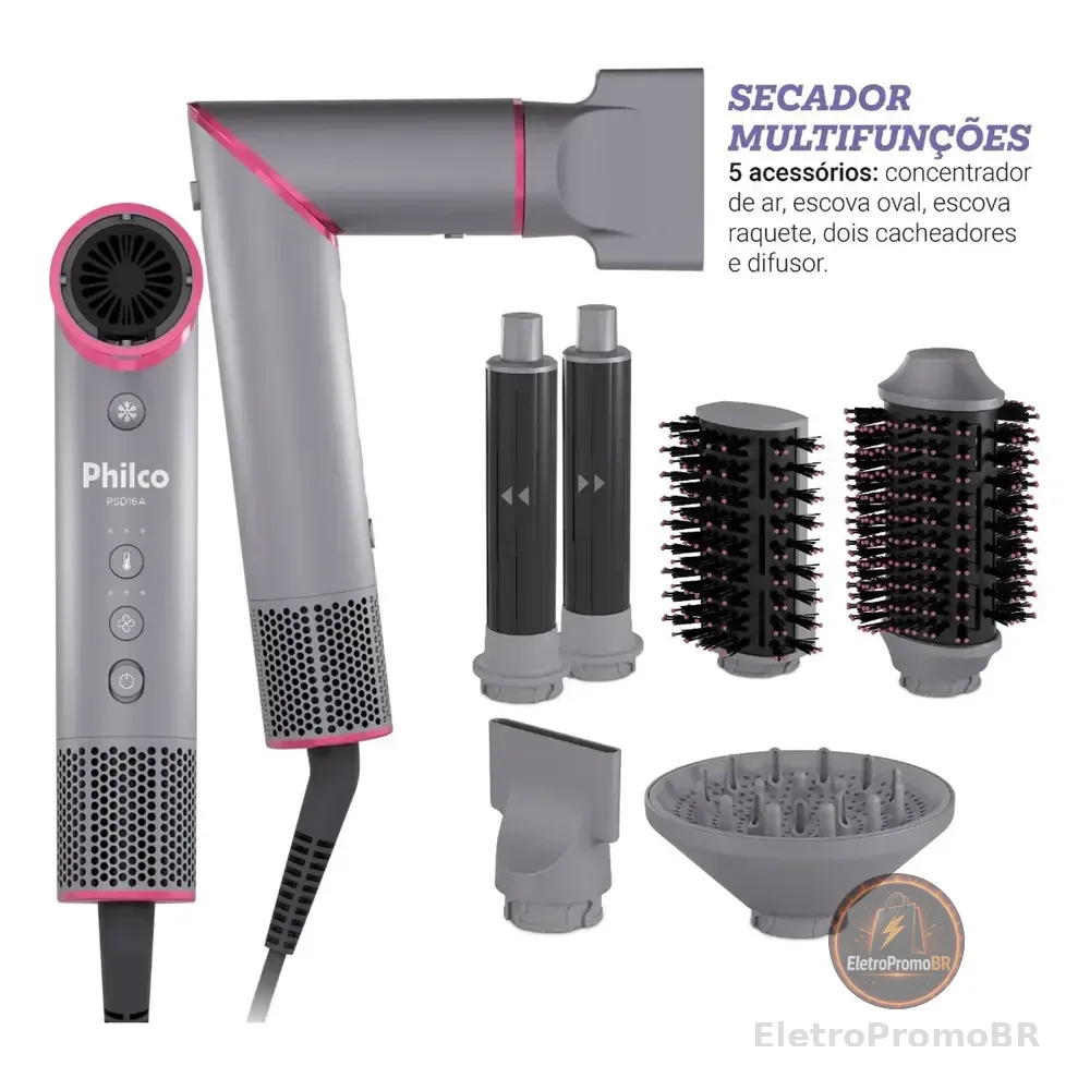 Secador de Cabelos Philco Motor BLDC 6 acessórios Fast Dry 1450W PSD16A 127v