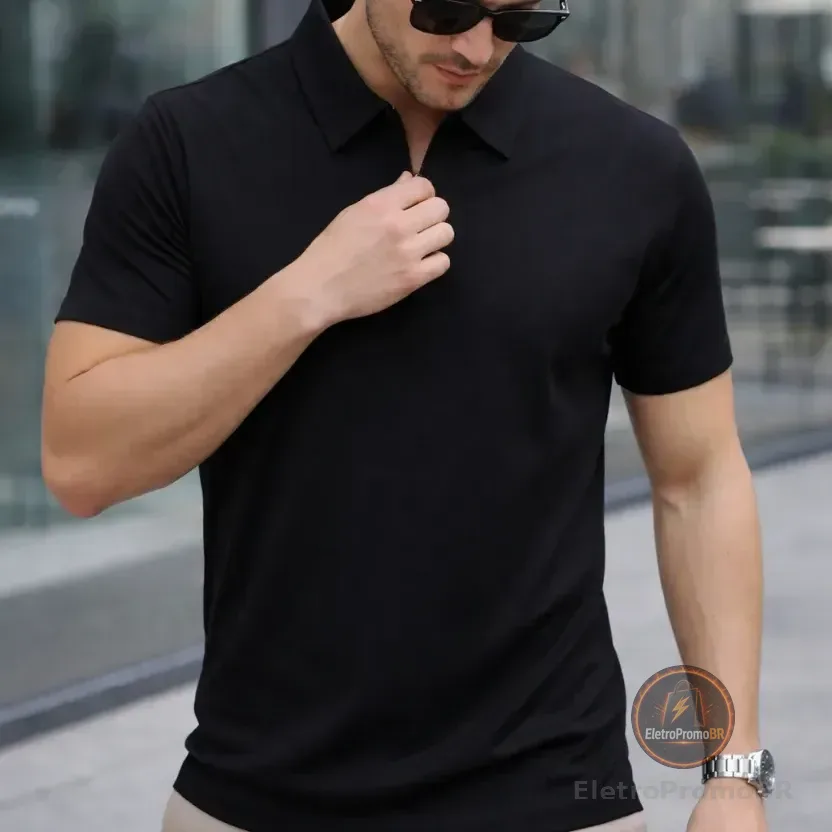 Camisa Polo Zíper Masculina Slim Fit Tecnológica Preto Lisa P