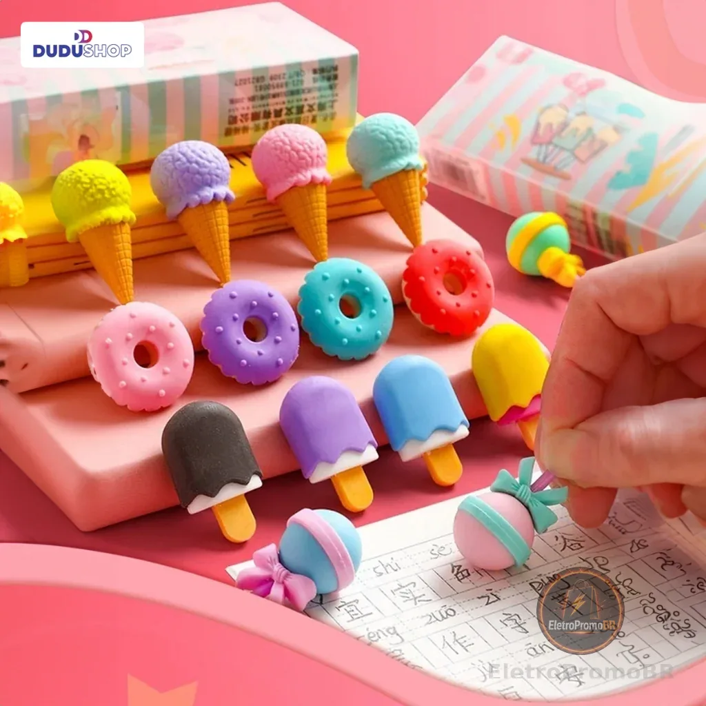  Borrachas Fofas Mini Fofo Pirulito Sorvete Picolé Papelaria Divertida Kwaii Decoração Estojo