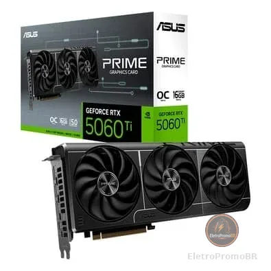 Placa de Vídeo ASUS PRIME-RTX 5060 TI O16G NVIDIA GeForce, 16GB GDDR7, 128 bits, 2602MHz, OpenGL 4.6, Ray Tracing - 90YV0MH2-M0NA00