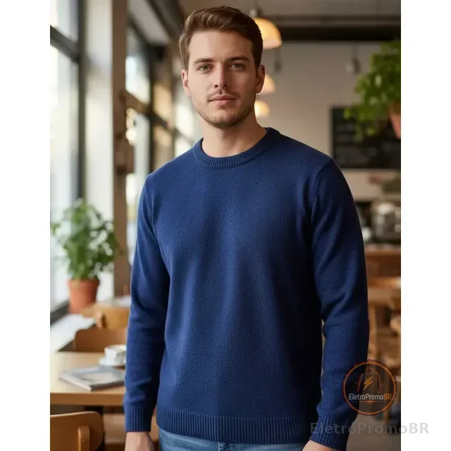 Blusa Tricô Masculina Lã Suéter Gola Careca Cardigan Inverno