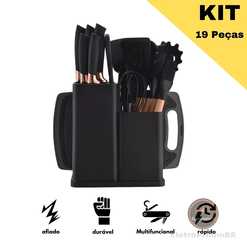 Kit 19 Peças Jogo de Utensílios Para Cozinha em Silicone Com Cabo de Madeira Completo