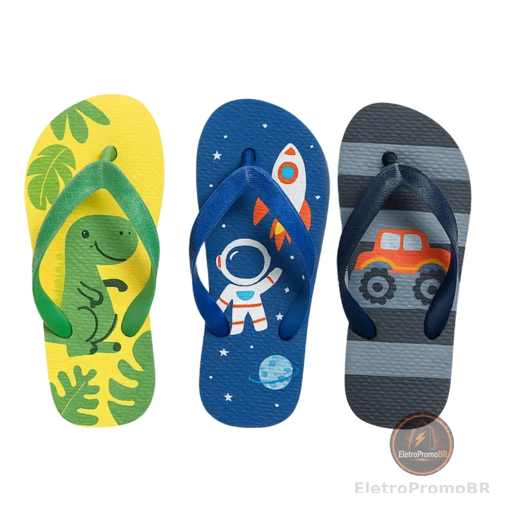 Kit Chinelo Infantil Menino 3 Pares Estampas Divertidas Leve e Confortável 25 ao 35
