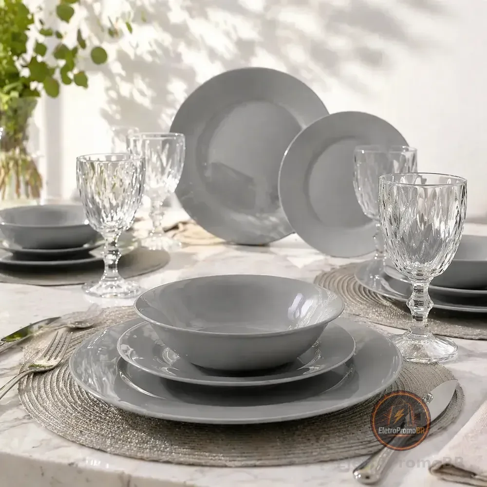 Aparelho De Jantar 16 Peças De Vidro Cinza Com Taça Diamond Conjunto Mesa Posta Completo Jogo De Pratos E Taças Sayonara