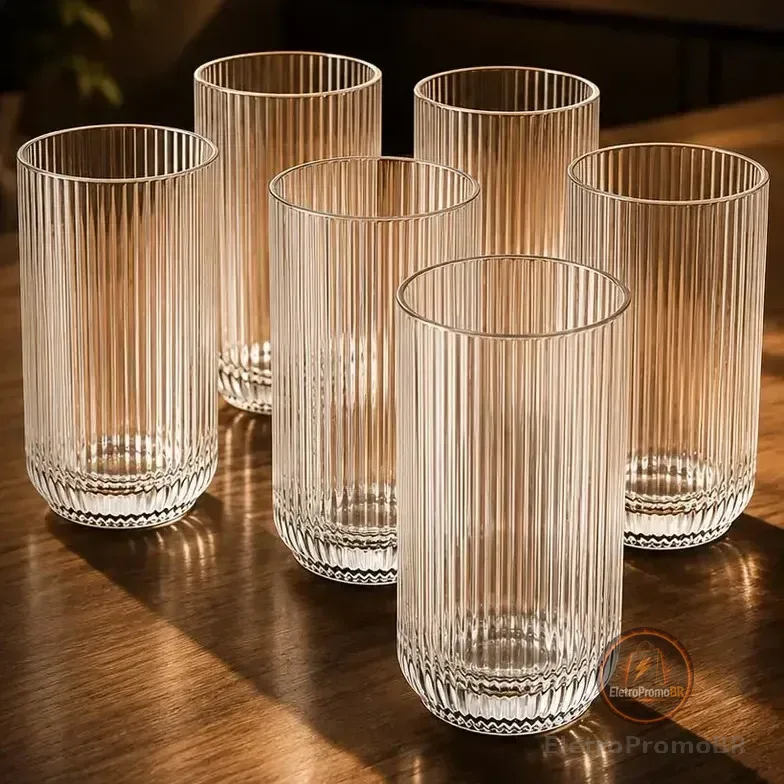 Jogo 6 Copos Vidro Canelado 423ml Moderno Elegante Premium Vinho Água Suco Drinks Gin Whisky Jogo Copos Taça Copo Conjunto Design Luxo Texturizado Cozinha Restaurante Decoração Hold On