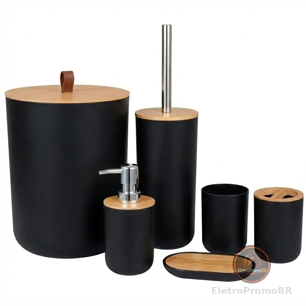 Kit Conjunto Banheiro 6 Peças Lixeira Com Tampa Bambu Plástico Organizador Decoração Lavabo Suporte Sabonete Liquido Escova De Dente Lixo Escova De Vaso Sanitario Preto Shokki