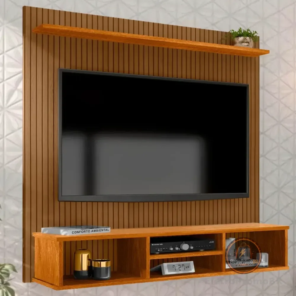 Painel Suspenso Everest TV Até 50" Cor Naturale MDP Design Ripado 3 Nichos