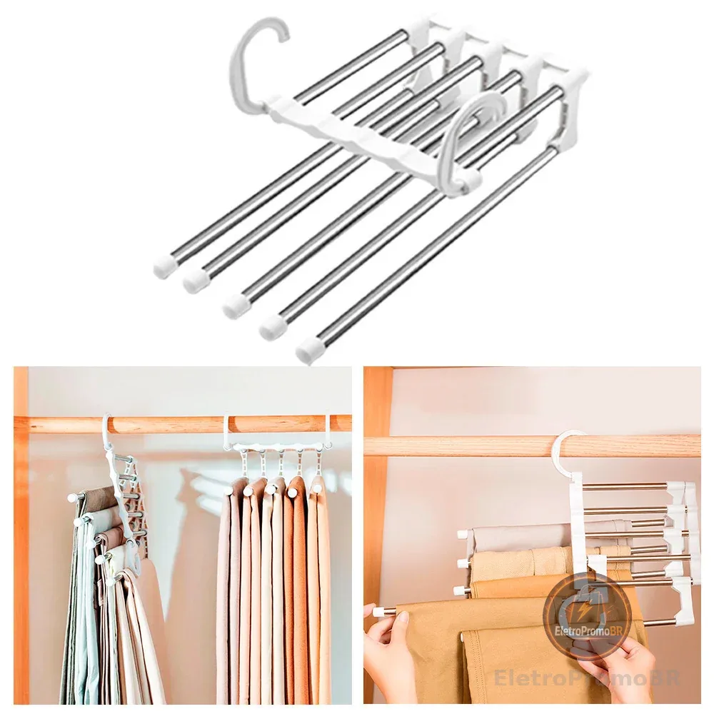 Cabide Para Calças Organizador Aço Inox Multifuncional Retrátil 5 em 1