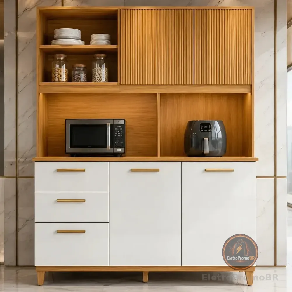 Kit Armário Compacto Kit Cozinha Poliman Com 5 Portas 2 Gavetas Sicília Médio Mdp Pintura Uv Branco Organizador Design Moderno Cor Freijó Off Ripado Frisado