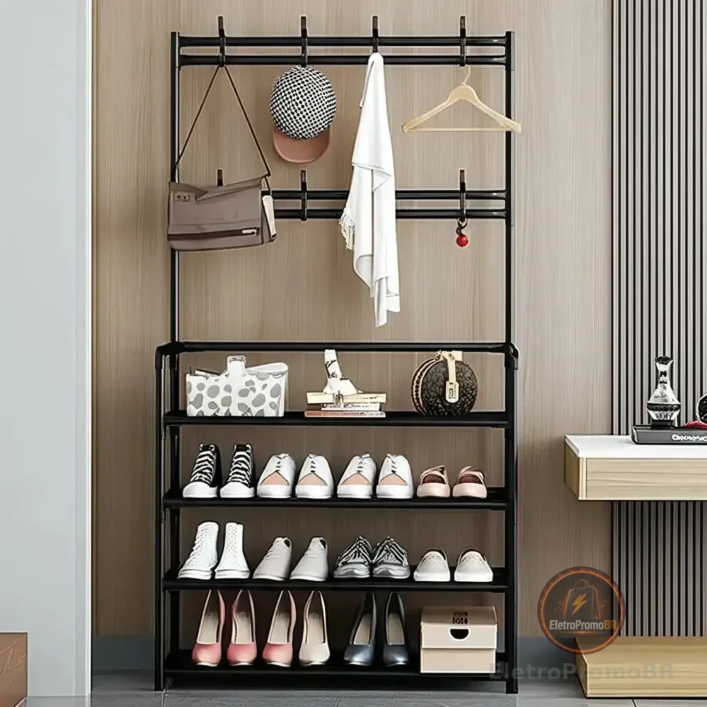 Vittak Sapateira Organizador Vertical Cabideiro Roupa Prateleiras Sapatos Bolsa Multiuso Cor Preto