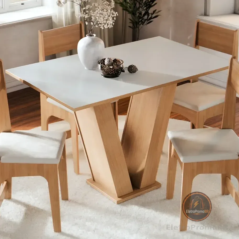 Conjunto Sala de Jantar 4 Lugares com Cadeiras Estofadas Mesa Com Tampo Retangular Semelhante Vidro Base V Mel Branco Off White