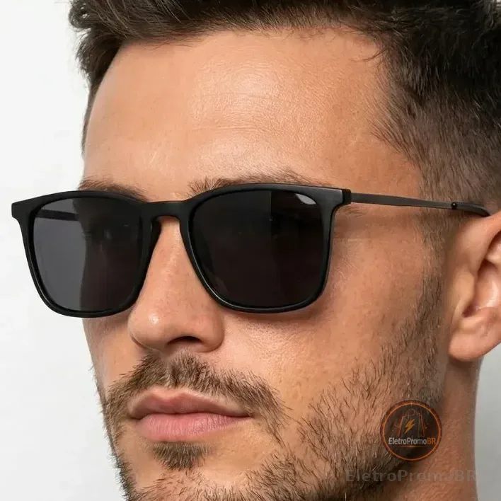 Óculos Sol Quadrado Masculino Leaf Metal Acetato Proteção Uv Armação Preta/ Lente Preta (oculos Preto Masculino, Oculos Preto De Homem)