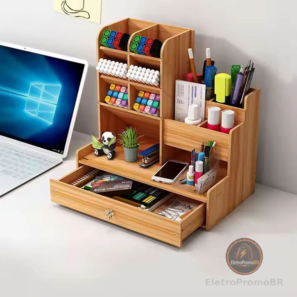 Organizador De Mesa Escritório Multiuso C/ Gaveta Nicho Mdf Canetas