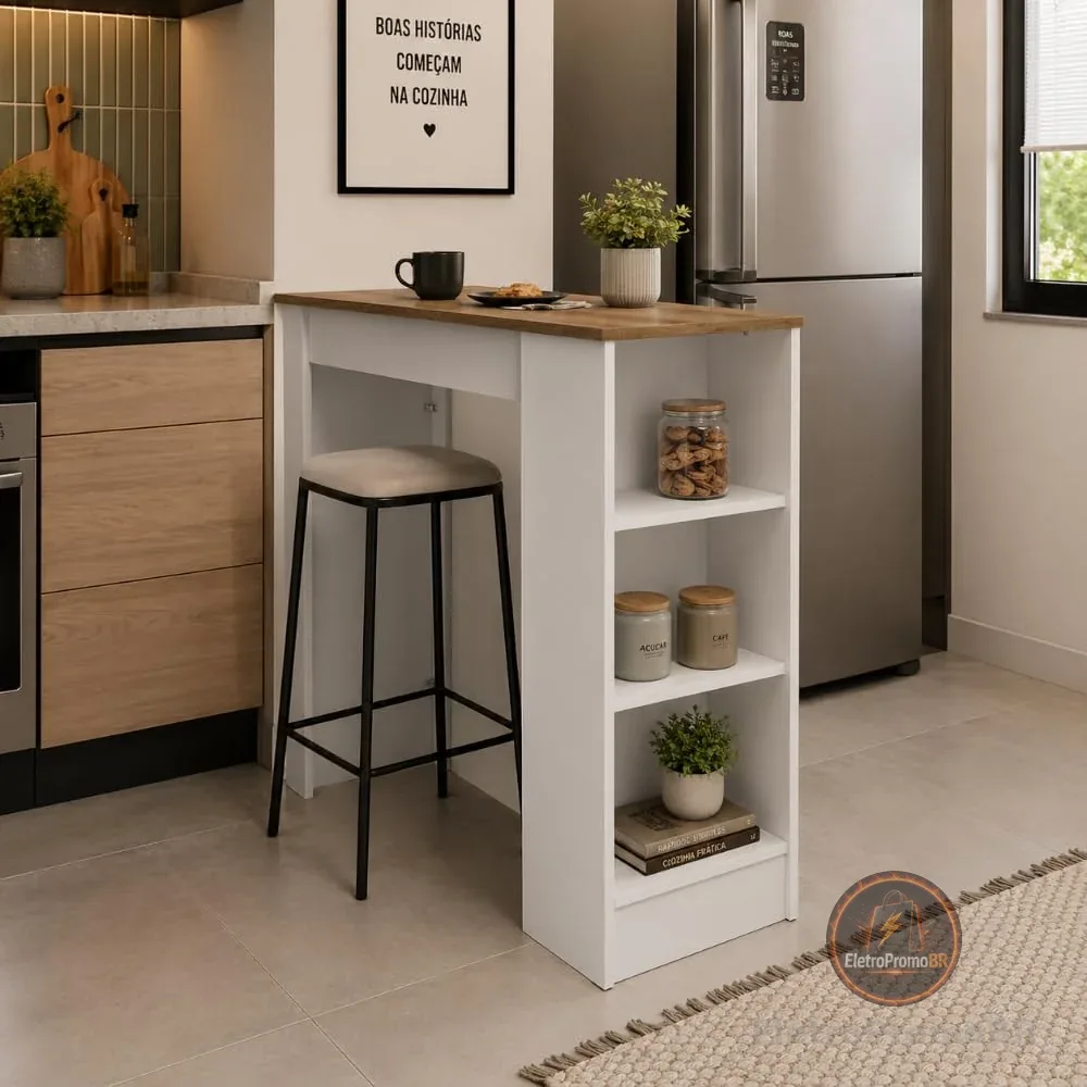 Bancada de Cozinha Ilha Gourmet Americana 2 Prateleiras 90cm Linha Bologna (Branco/Mel)