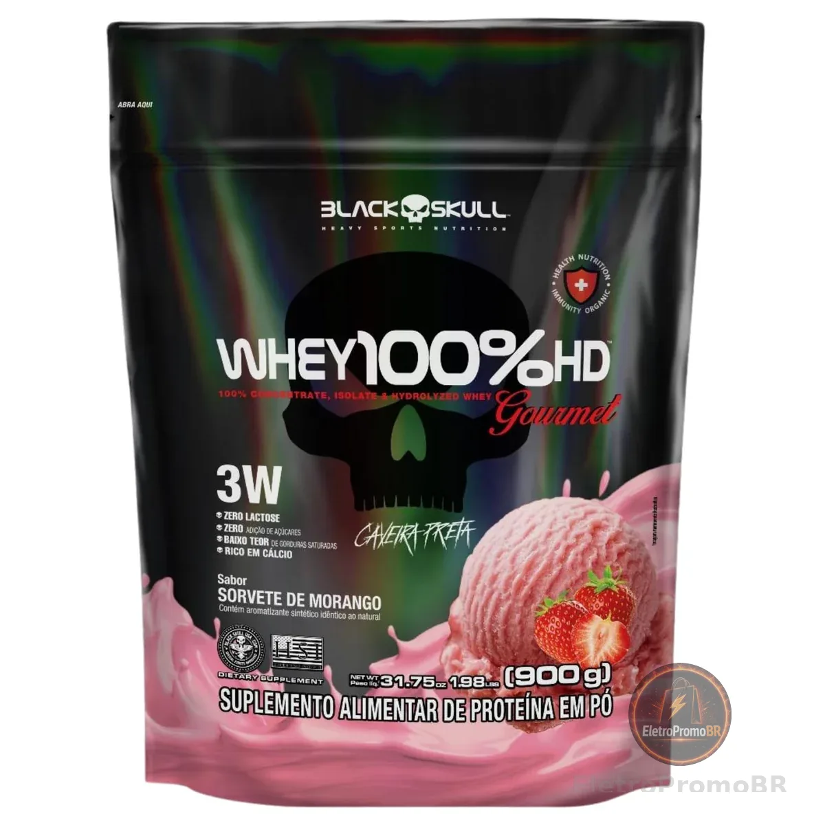 REFIL POUCH 100% HD GOURMET 900G SORVETE MORANGO | Proteína do soro do leite com sabor gourmet, embalagem refil prática e econômica, excelente diluição e cremosidade