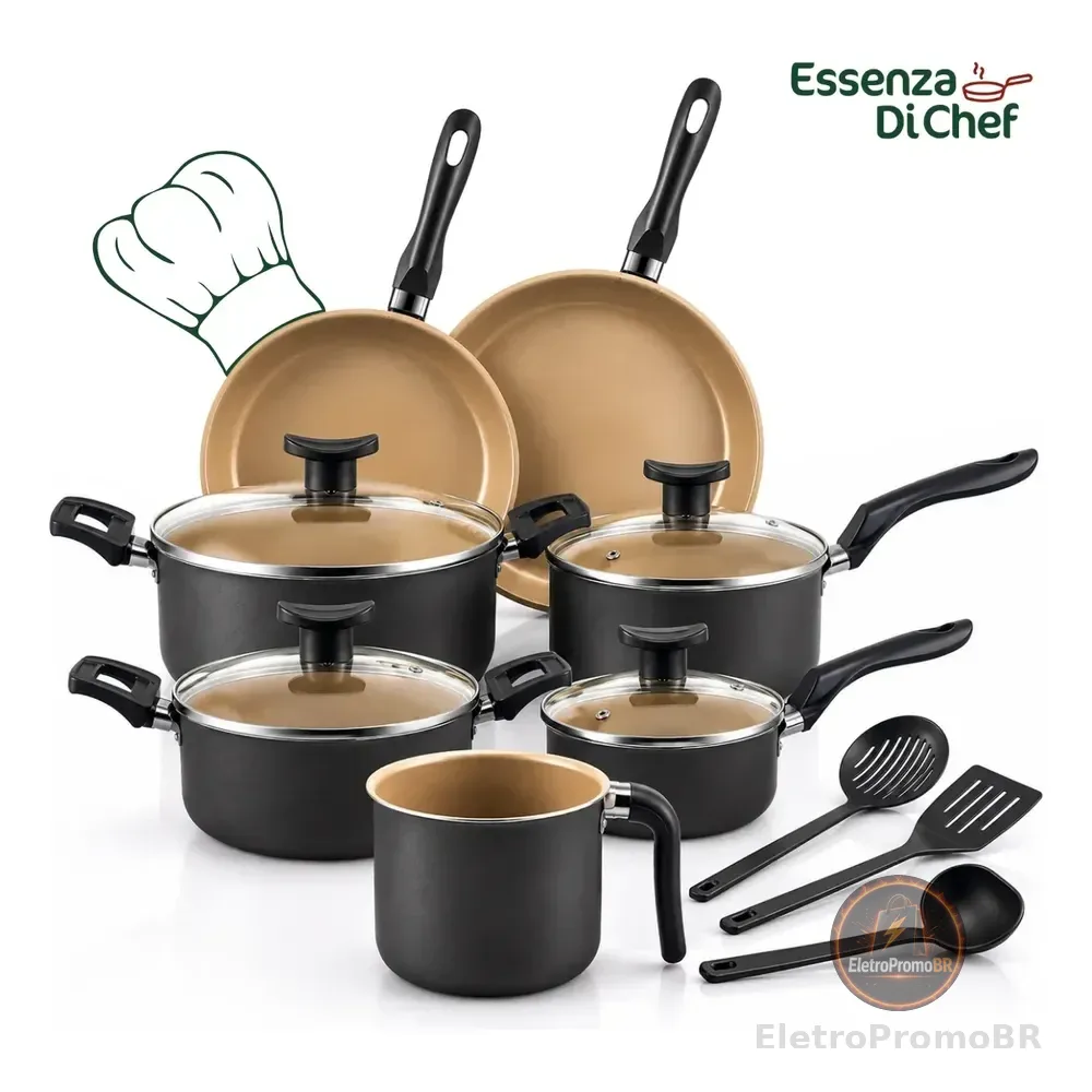 Conjunto Panelas Antiaderente 10 Peças Teflon Várias Cores Preto Com Beje