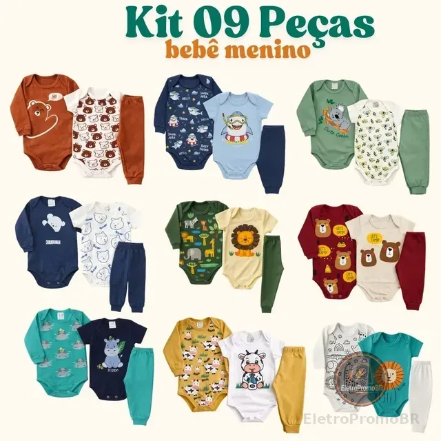 Kit 9 Peças Body Bebê Menino Algodão Inverno Manga Longa