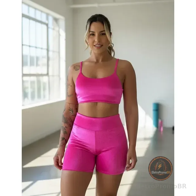 Conjunto Fitness Virginia Top Shorts Meia Coxa Cintura Alta