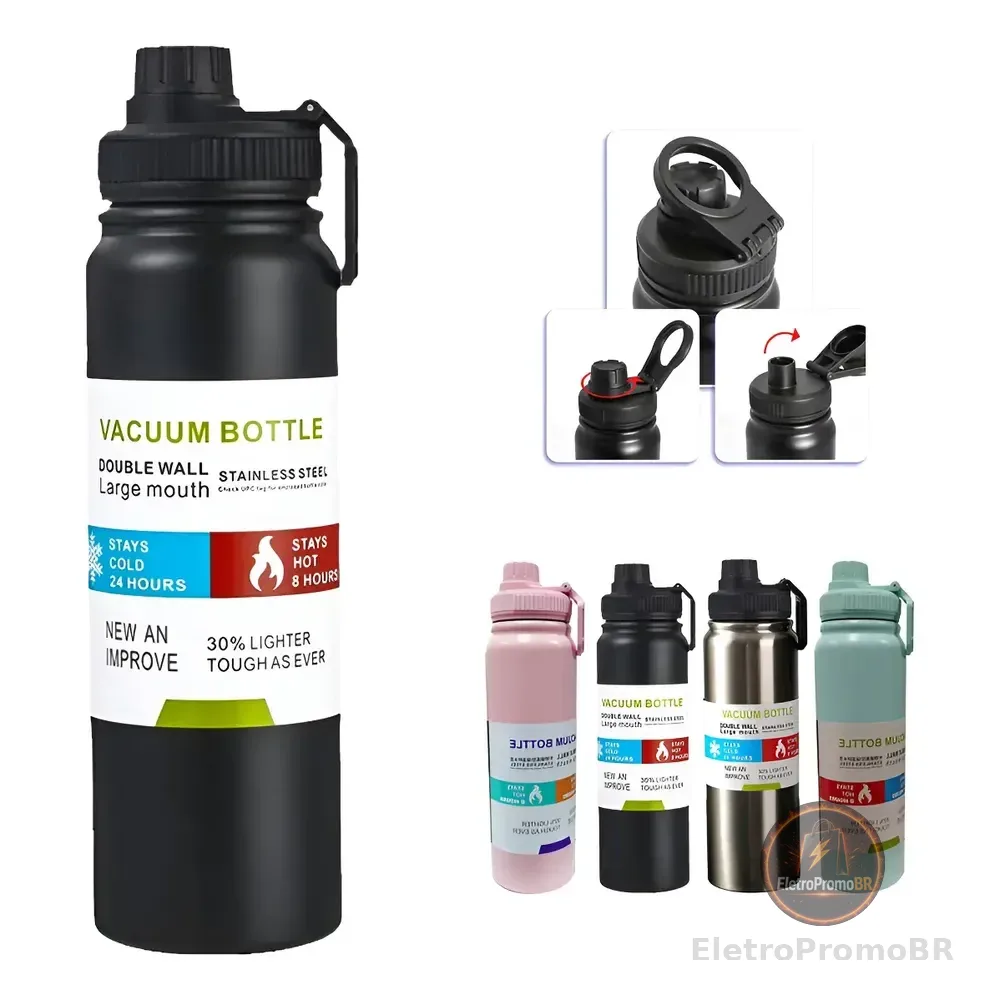 800mlgarrafa Térmica Água Squeeze Inox Academiaquente E Frio Preto