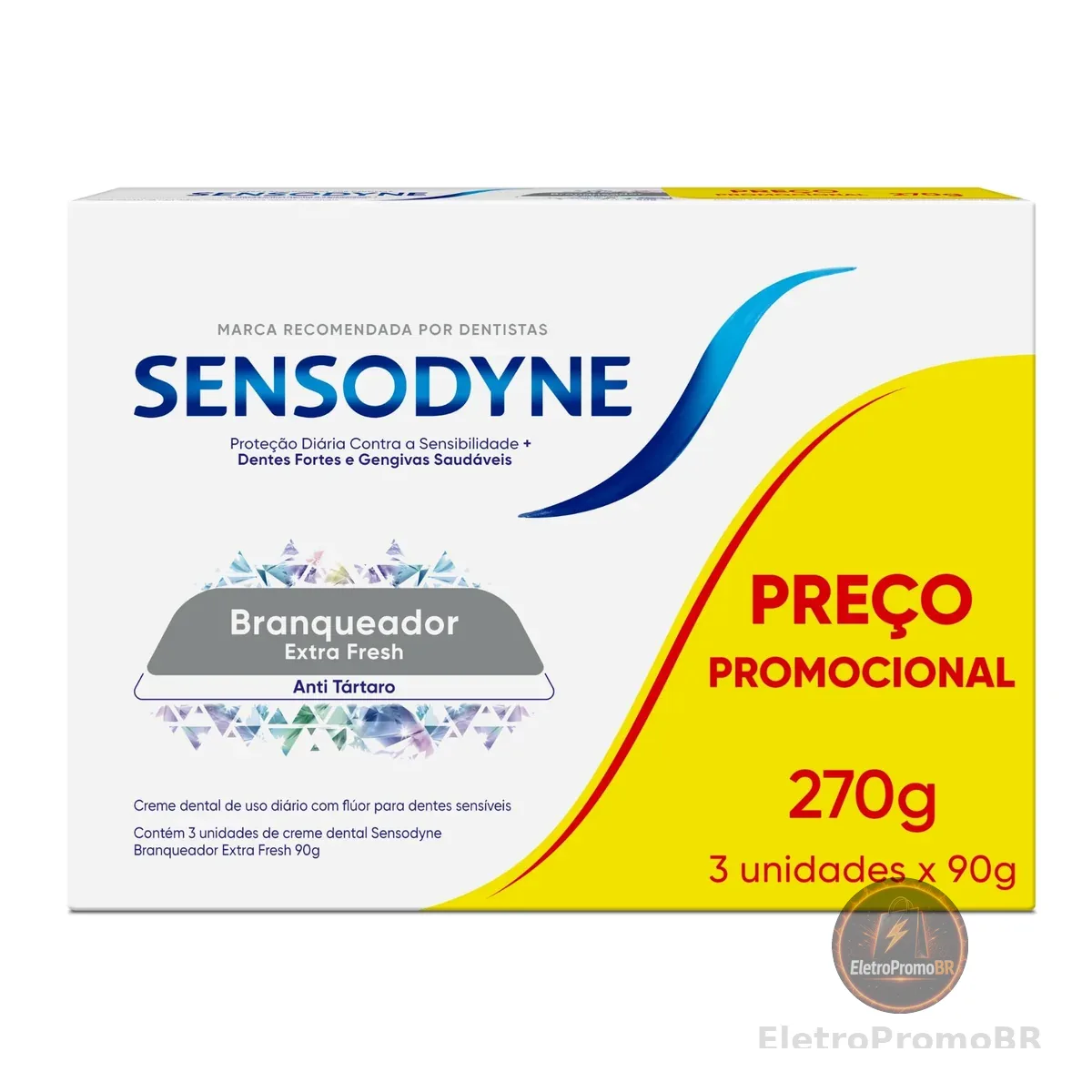 Sensodyne Creme Dental Branqueador Extra Fresh com Flúor, Leve 3 e Pague 2, Anti Tártaro, Contra Sensibilidade, 90g cada