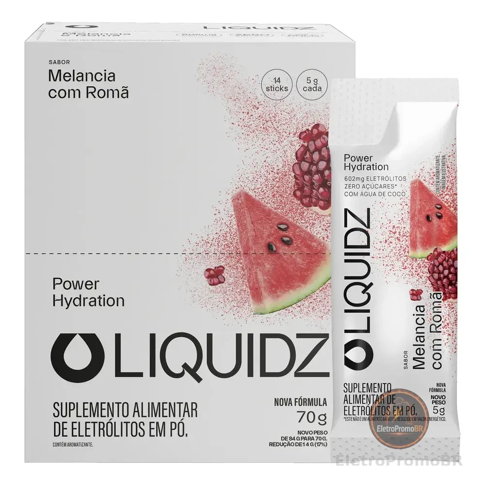 LIQUIDZ® - Eletrólitos Zero Açúcares - Sabor Melancia com Romã - Kit 1 Caixa - 14 sachês