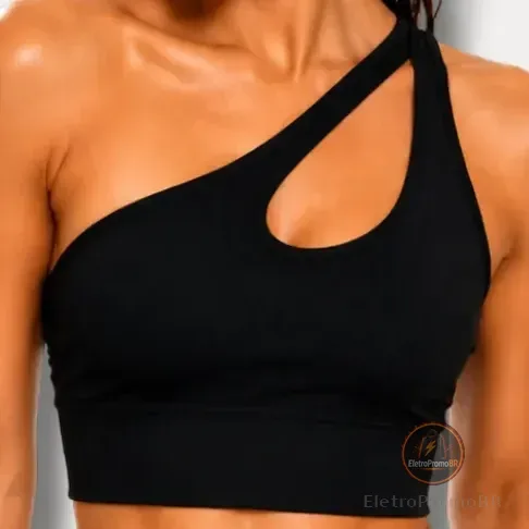 Top De Academia Top Um Ombro Só Com Bojo Removível Top Gota Preto Lisa G