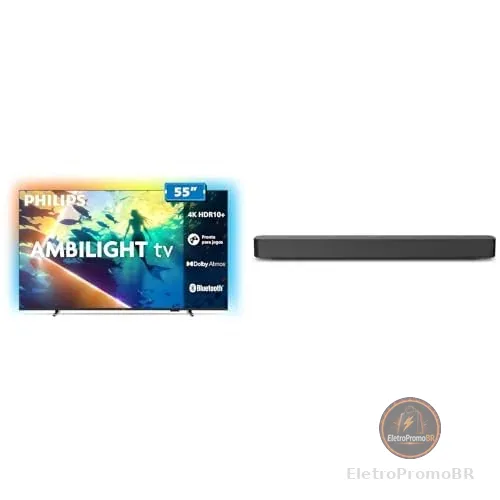 PHILIPS, Smart TV Ambilight 55" 4K, 55PUG8100/78 + PHILIPS, Soundbar, TAB4000, Aparelho de Áudio para TV com Bluetooth, HDMI ARC e USB