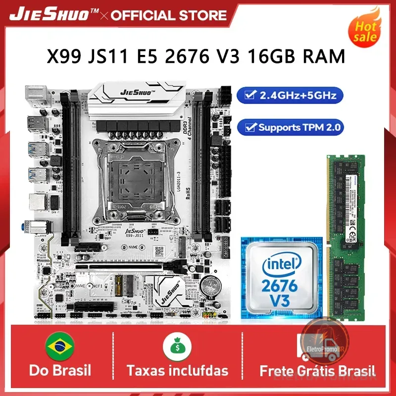 Kit Placa-mãe JIESHUO X99-JS11 Processador Xeon E5-2676 V3 16GB RAM , Compatível com memória DDR3 de 16GB, módulo WiFi e TPM 2.0