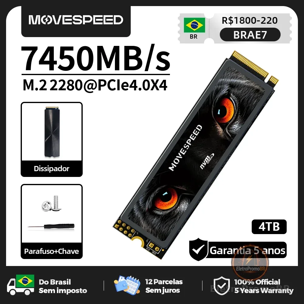 Movespeed 4tb 7450 mb/s ssd nvme m2 pcie 4.0x4 2280 unidade de estado sólido chip tlc disco rígido interno para computador pc ps5
