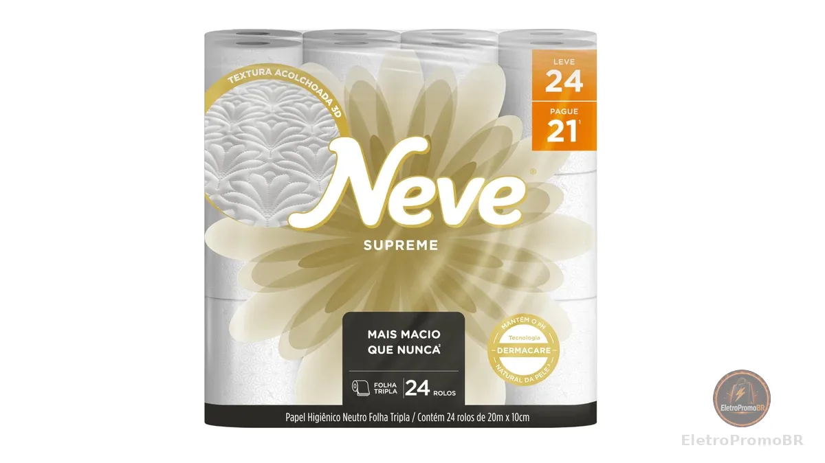 Neve Papel Higiênico Supreme Folha Tripla, 20m, Leve 24 Pague 21 Rolos