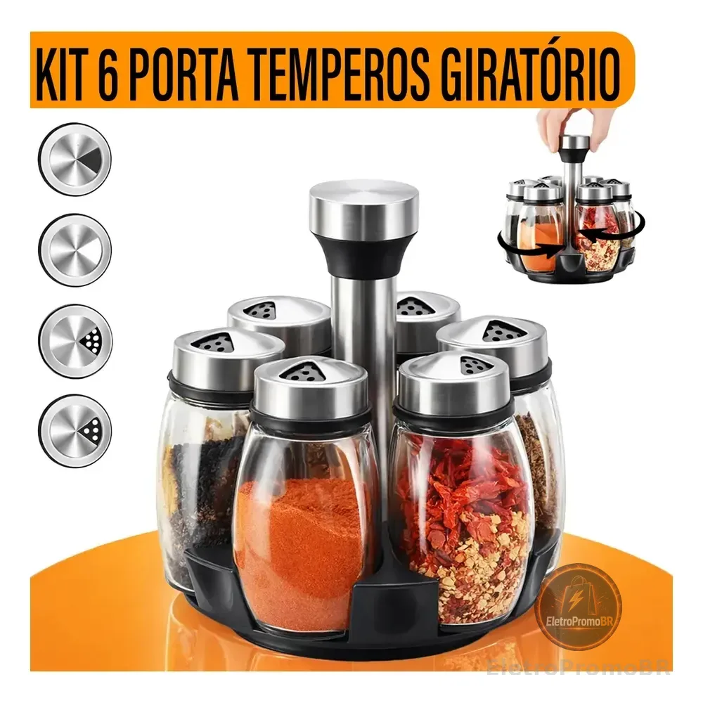 Yab - Porta Tempero De Mesa Saleiro Giratório 6 Potes P/ Condimentos Em Vidro E Aço Inox Cozinha Premium