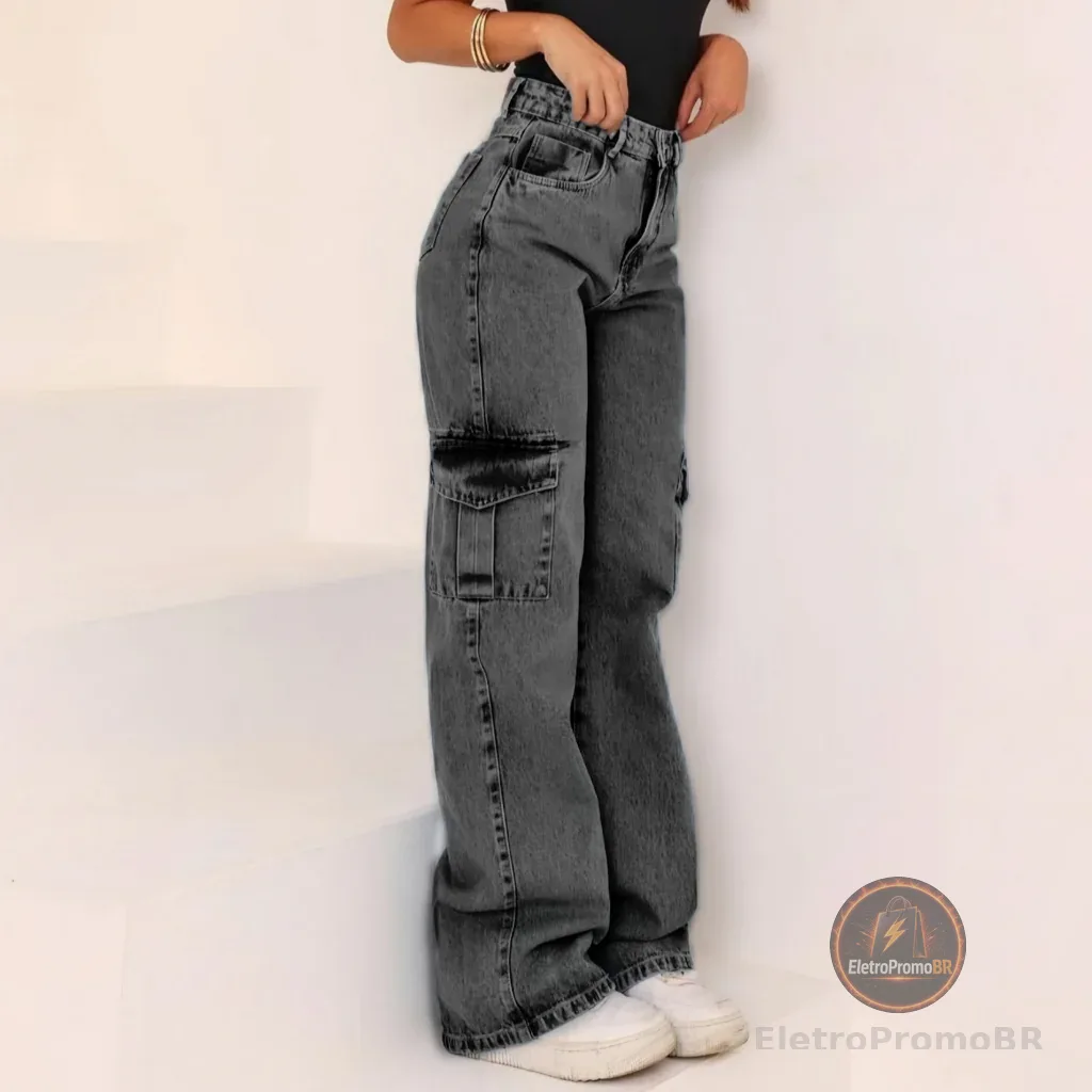 Calça Jeans feminina Wide Leg Marmorizada Pantalona boca larga - cintura alta premium