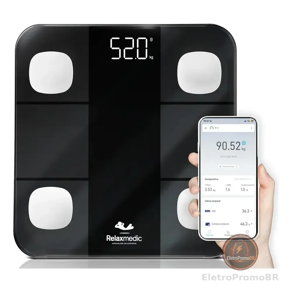 Balança Digital Corporal Bioimpedância Aplicativo Bluetooth Relaxmedic