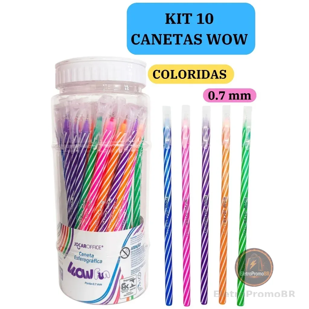 Kit 10 Canetas Esferográficas Wow 0.7mm Coloridas Branco Escolar Escritório Leo&Leo