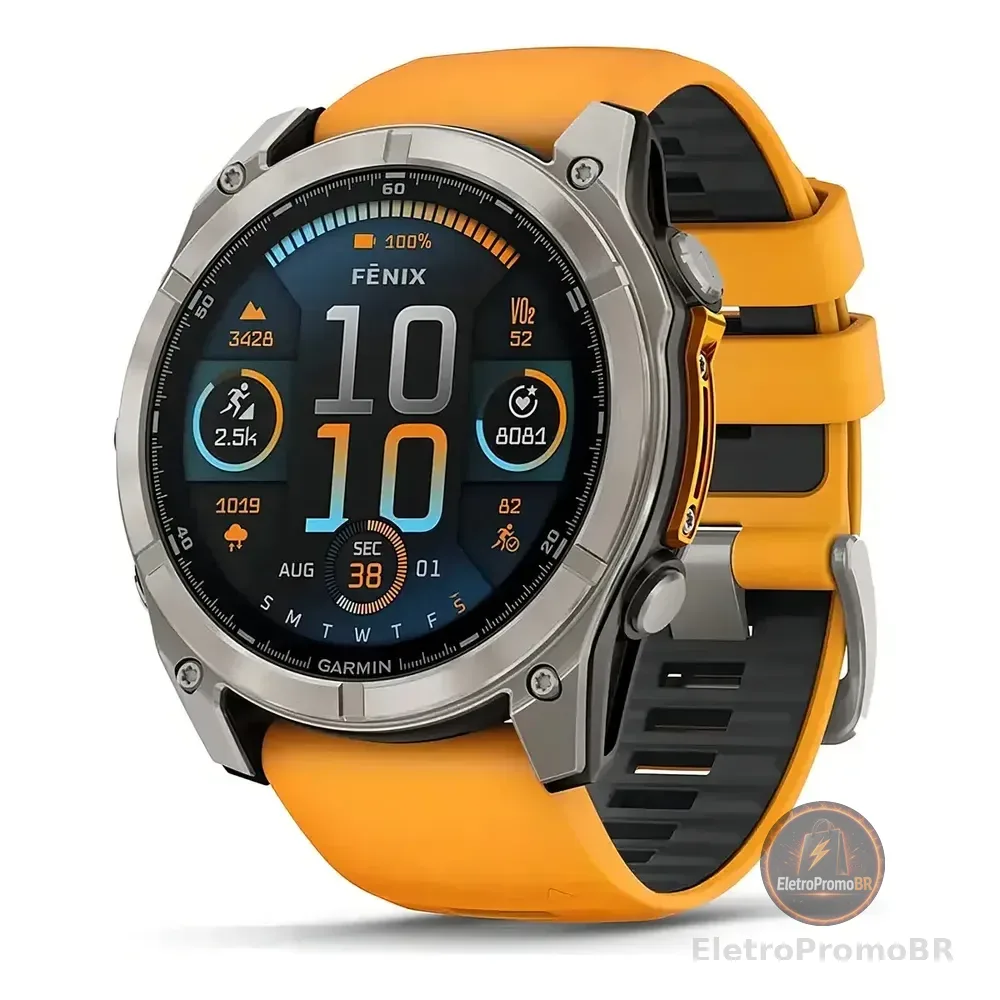 Relógio Garmin Fenix 8 Safira Titânio com Pulseira de Silicone Laranja com Grafite 51mm
