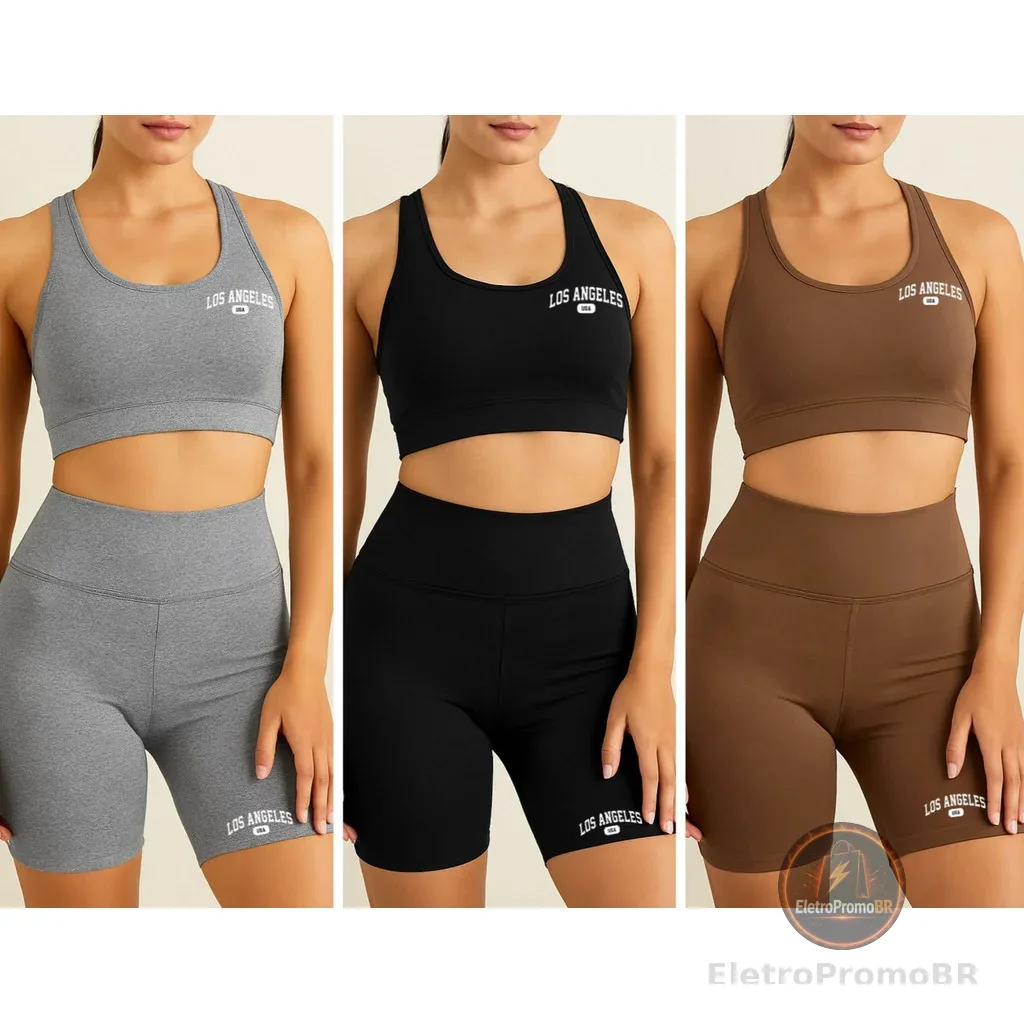 kit 3 Conjuntos Academia   Top e Shorts Feminino Los Angeles