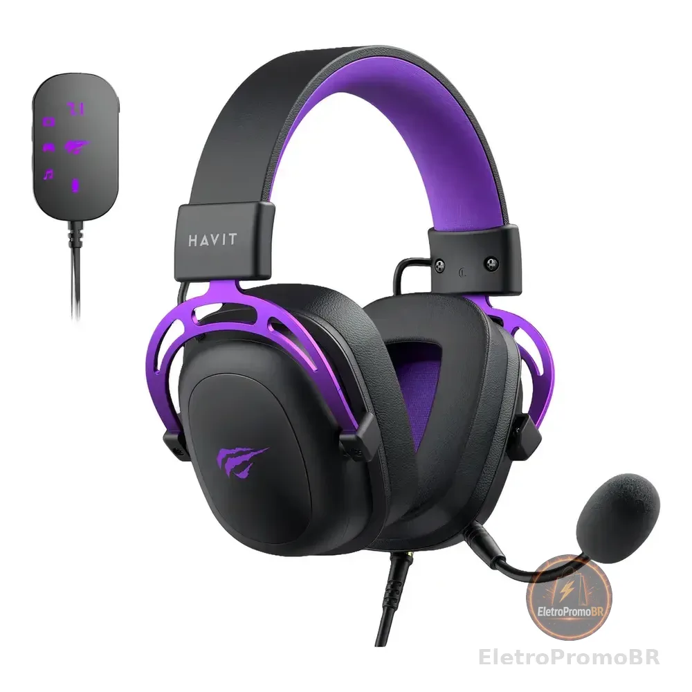 Headset Gamer Havit H2002c+u Usb P2 Drivers 53mm Cor Preto E Cor preto e roxo