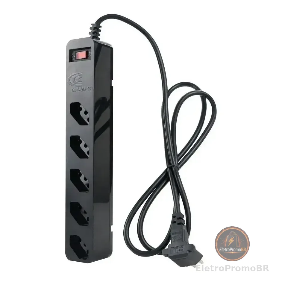 Filtro de Linha com Protetor de Surto DPS iClamper Energia 5 Tomadas 3 Pinos 10 Amperes com Tecnologia LCF Anti Raio Clamper Cor Preto
