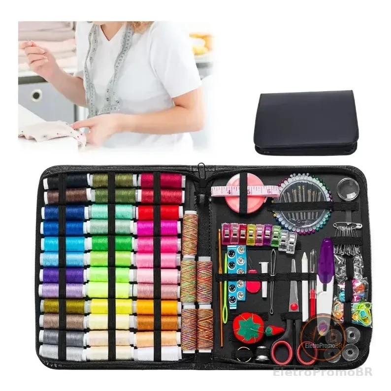 Kit De Costura Agulhas Tesoura Linhas Completo Com 229 Peças Preto