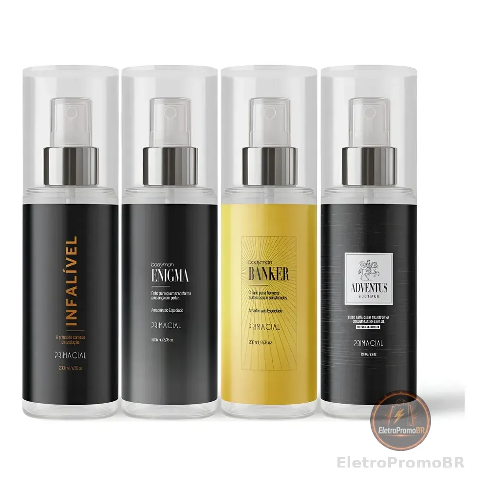 KIT BODY SPLASH MASCULINO INFALIVEL + ENIGMA + BANKER + ADVENTUS 200ML - PRIMACIAL PERFUME AMADEIRADO