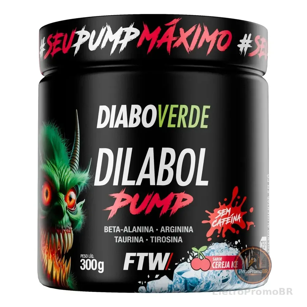 Pré Treino Dilabol Pump Diabo Verde Sem cafeína Pote 300g Sabor Cereja Ice - FTW
