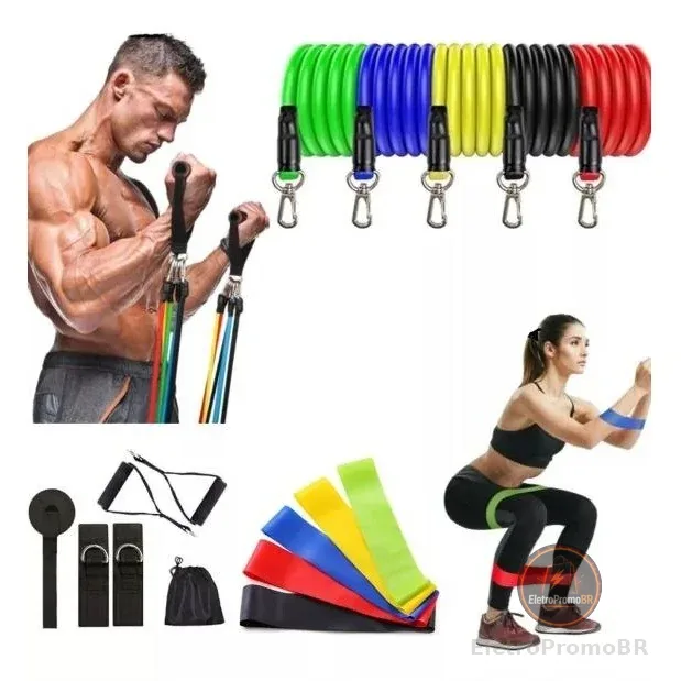 Kit Extensores Elásticos + Mini Bands Para Exercicios Em Casa Pilates Fisioterapia